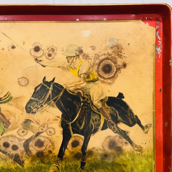 F1-RARE LARGE Antique French Red Tole Tray Polo Players & Horses - Picture 4 of 8